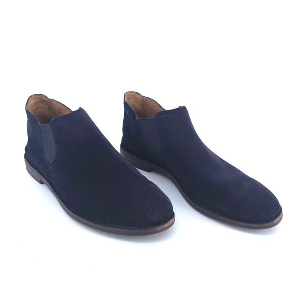 Trask Allison Italian Navy Blue Suede Chelsea Bootie Stacked Heel Vibram Sole 9 - Picture 2 of 13